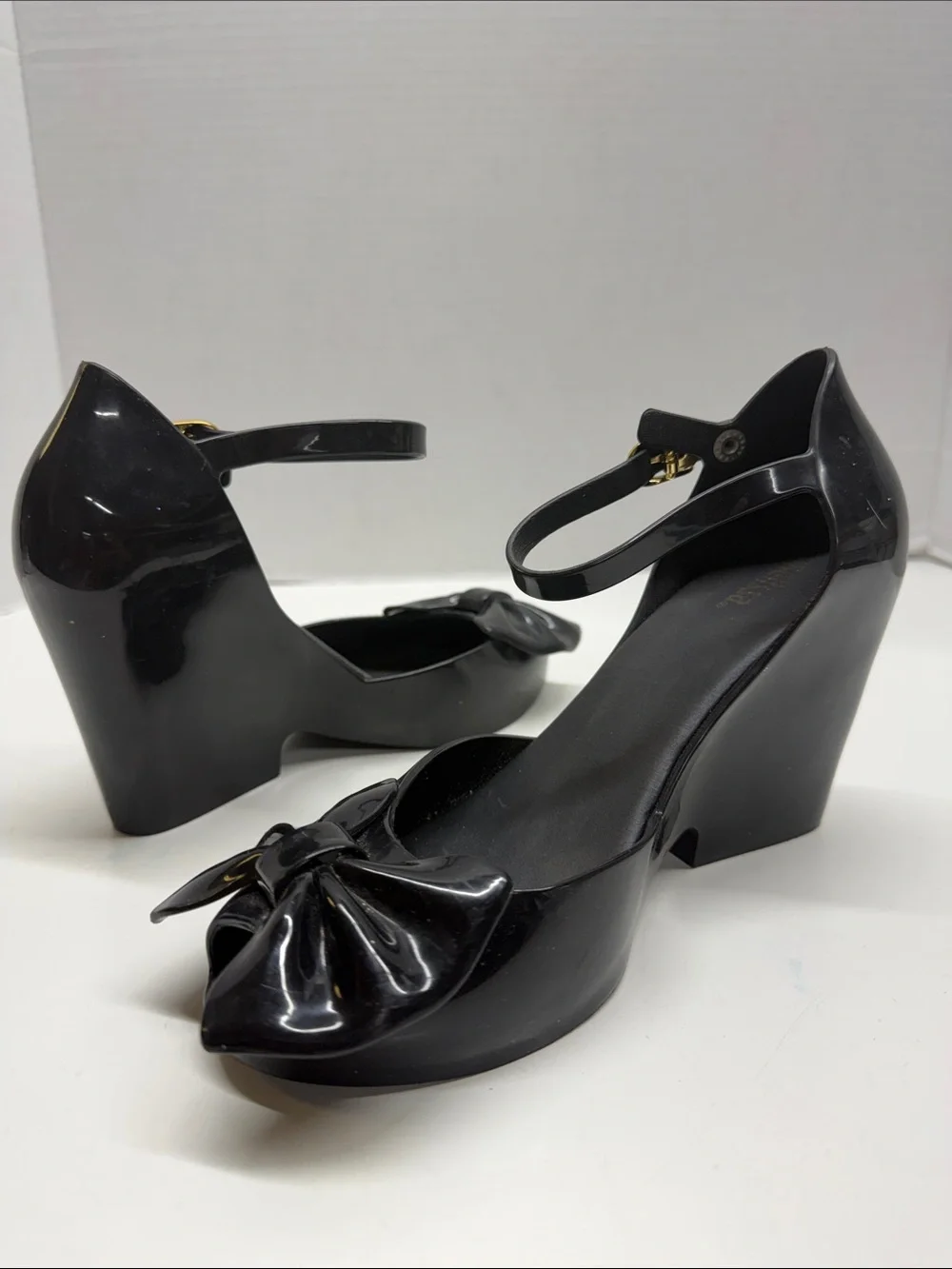 Melissa Lady Love III Heels Wedges Shoes Bow Peep Toe PVC Shiny Black Size 6